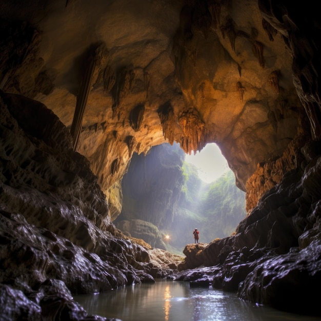 Hombre aventurero excursionista de pie en una cueva con montañas rocosas luces doradas generativo ai