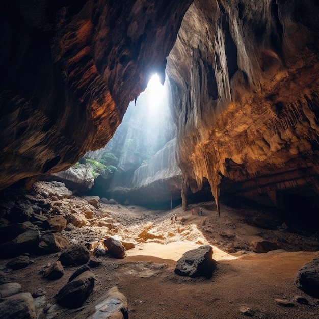 Hombre aventurero excursionista de pie en una cueva con montañas rocosas luces doradas generativo ai