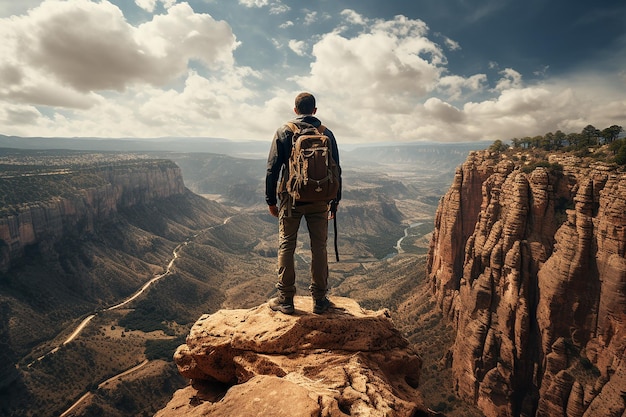 Hombre aventurero con mochila de pie en la cima de un acantilado del cañón en Bright Day