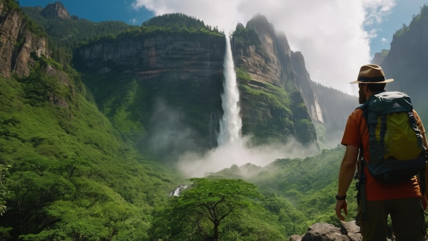 Un hombre aventurero con mochilas de pie en el borde de un acantilado y mirando una cascada