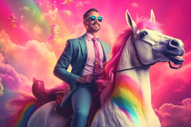 El hombre aventurero montando un unicornio genera ai