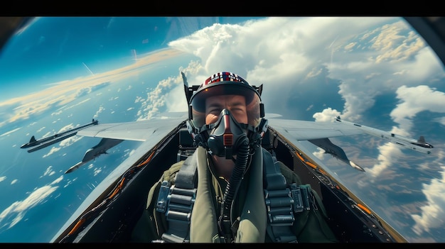 Hombre en avión de combate volando por el cielo