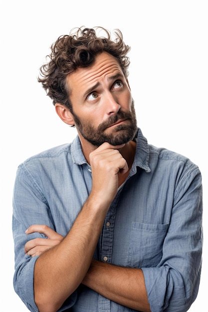 Foto hombre azotado con barba y camisa azul mirando hacia arriba