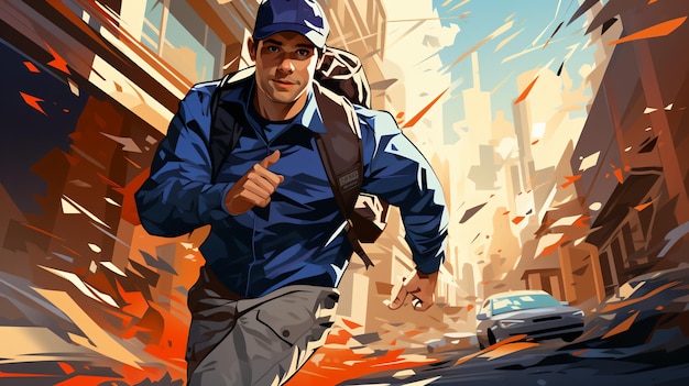 hombre de azul corriendo con mochila