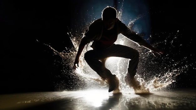 Un hombre baila en la oscuridad con la luz brillando sobre él.