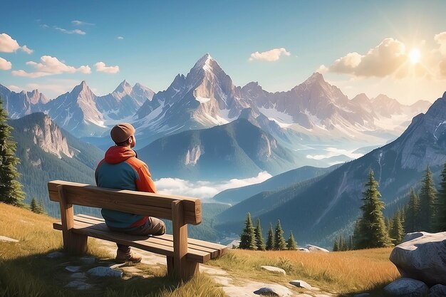 Hombre en un banco disfrutando de la vista panorámica del paisaje montañoso ilustración de stock
