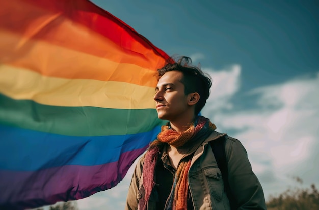 Un hombre con una bandera del arco iris en la mano.