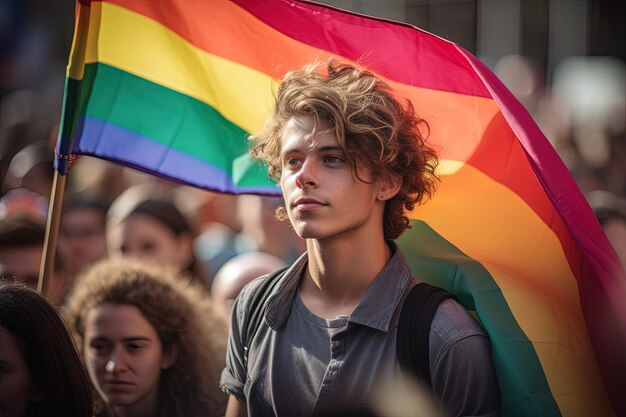 Un hombre con una bandera del arco iris en una multitud