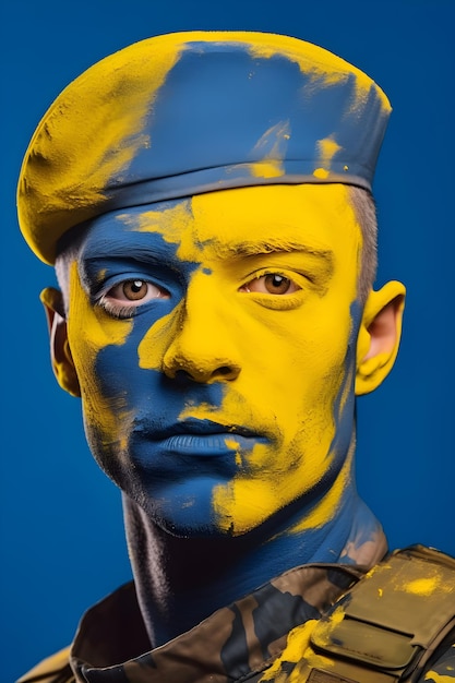 Un hombre con una bandera de ucrania pintada en la cara.