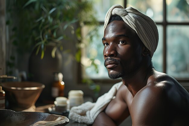 Foto hombre en el baño cuidando su piel y cuerpo africano-americano chico guapo con una toalla en la cabeza sentado en el fregadero