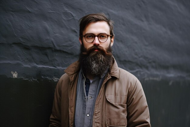 Foto un hombre con barba y anteojos se para frente a