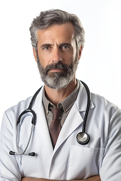 Un hombre con barba y barba se para con los brazos cruzados.