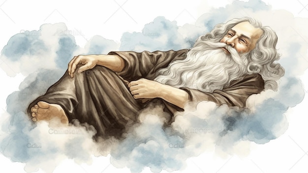 Un hombre con barba y barba está durmiendo en las nubes.