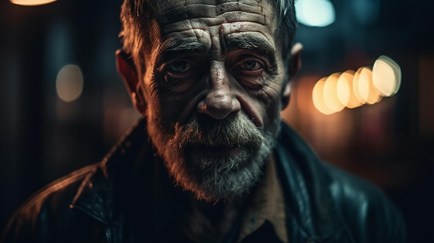 Un hombre con barba y barba se para frente a una farola iluminada.