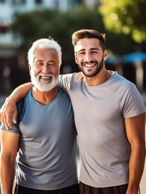 Foto un hombre con barba y una barba posa con un hombre mayor