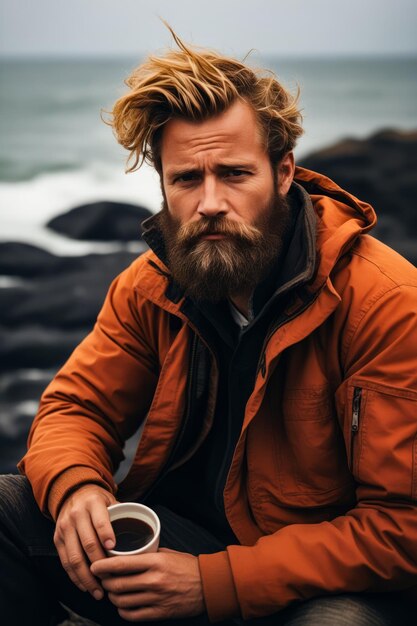 Hombre con barba y barba sentado en una roca IA generativa