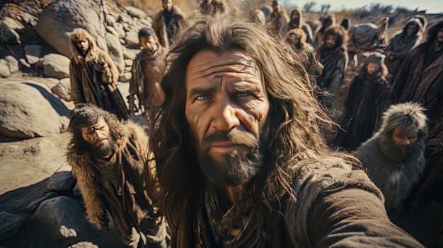 Foto un hombre con barba y una barba está tomando una foto de un grupo de soldados