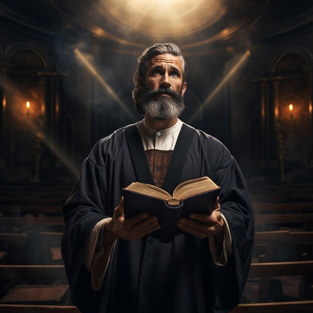 un hombre con barba y una Biblia en las manos.