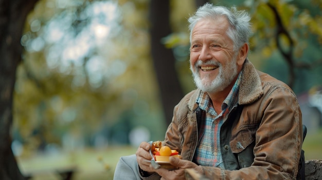 un hombre con barba y bigote está comiendo un plato de frutas