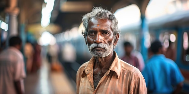 un hombre con barba y bigote está en una estación de tren