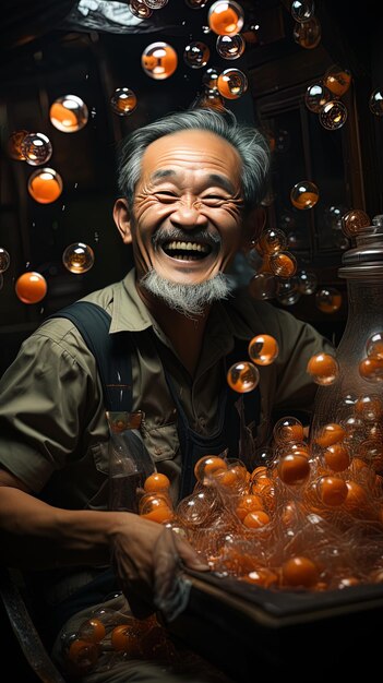 un hombre con barba y bigote está sonriendo frente a un frasco de vidrio de bolas