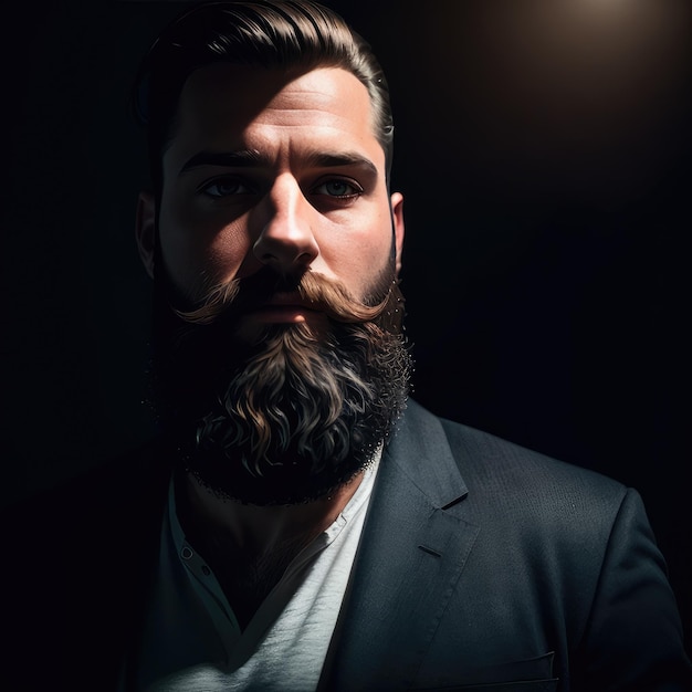 Un hombre con barba y bigote se para en una habitación oscura.