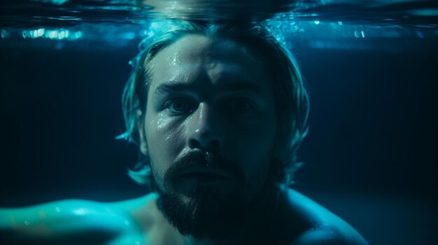 Un hombre con barba y bigote nada bajo el agua.