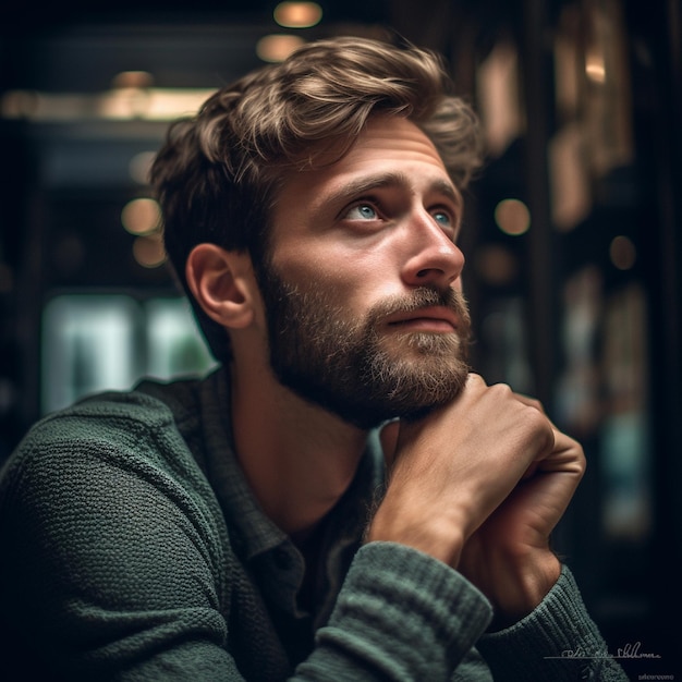 un hombre con barba y bigote se sienta frente a una ventana.