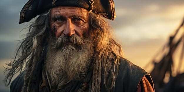 un hombre con barba y bigote con un sombrero de pirata