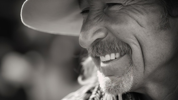 Un hombre con barba y bigote sonríe.