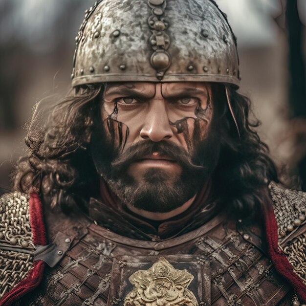 un hombre con barba y bigote usando una armadura con una correa roja y negra