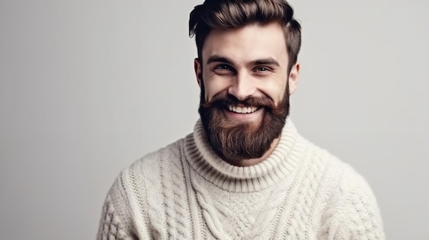 Un hombre con barba y bigote usando un suéter.