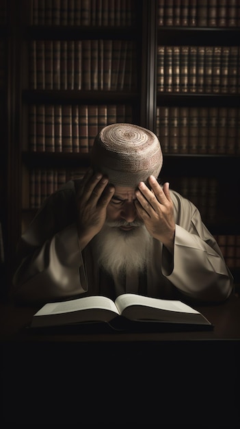 un hombre con una barba blanca y una barba blanca leyendo un libro