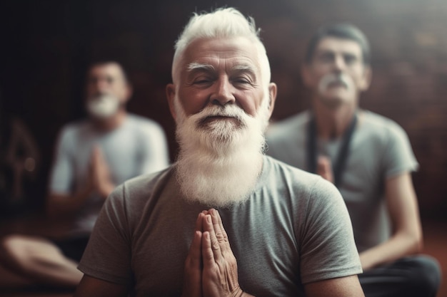 Un hombre con barba blanca y barba está en una pose de yoga.