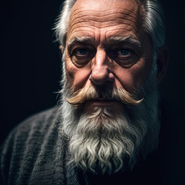 Un hombre con barba blanca y bigote mira a la cámara.