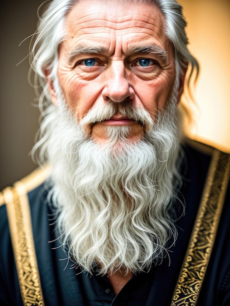 Un hombre con barba blanca y ojos azules viste una túnica negra.