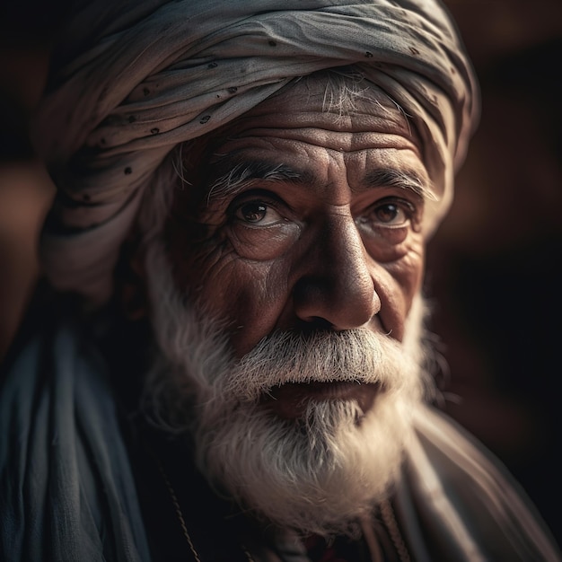 Un hombre con barba blanca y turbante mira a la cámara.