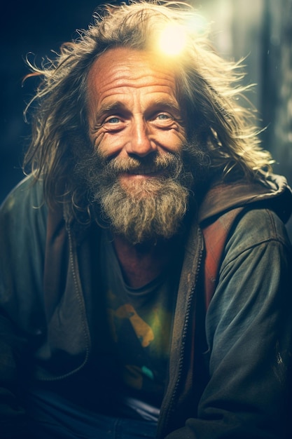 Foto un hombre con barba y camisa amarilla sonríe.