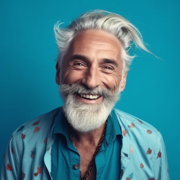 Un hombre con barba y una camisa azul sobre fondo aislado