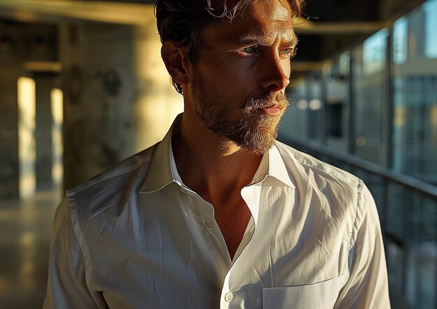 un hombre con barba y una camisa blanca