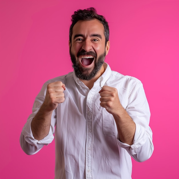 un hombre con barba y una camisa blanca