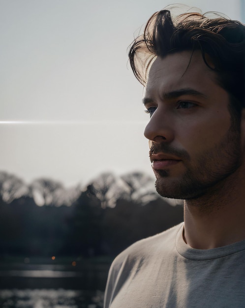 un hombre con barba y camisa gris