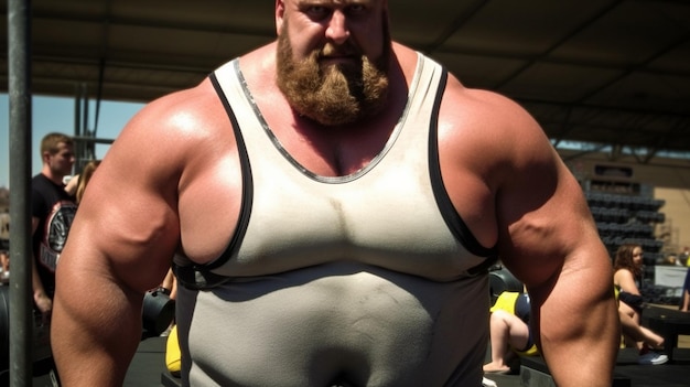 un hombre con barba y camiseta blanca con cinturón negro.