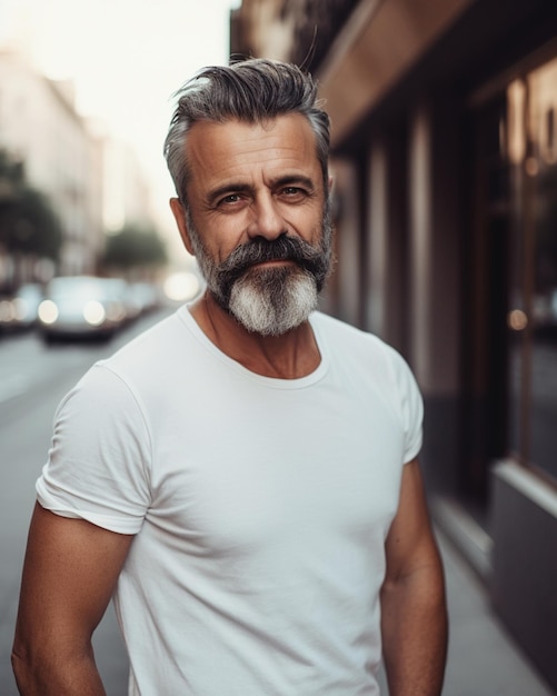 Un hombre con barba y una camiseta blanca se encuentra en una calle.