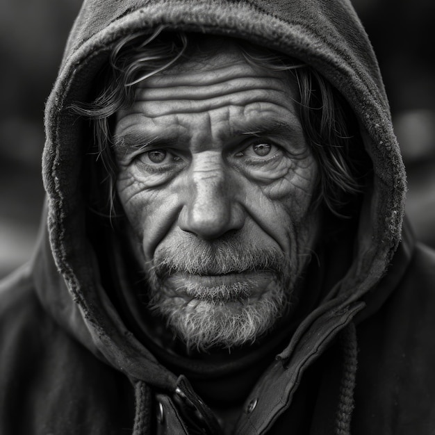 Foto un hombre con barba y capucha que dice