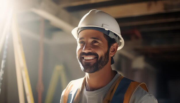 Un hombre con barba y un casco en la cabeza en un uniforme de trabajo trabaja en un sitio de construcción