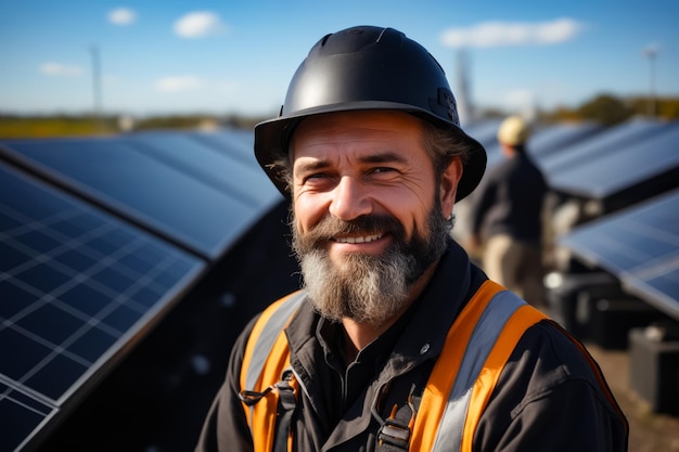 Foto hombre con barba con casco y equipo de seguridad ia generativa