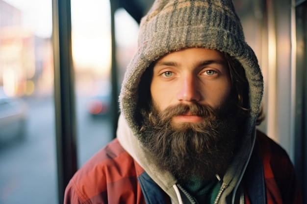 un hombre con barba y una chaqueta con capucha