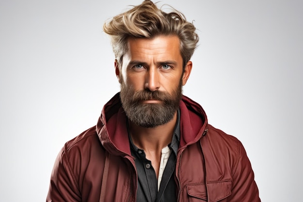 Hombre con barba y chaqueta posando para una foto IA generativa