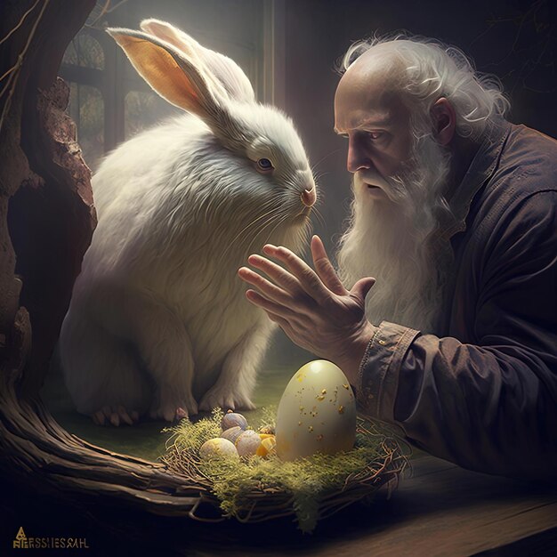 Un hombre con barba y un conejo mirando a un conejo blanco.
